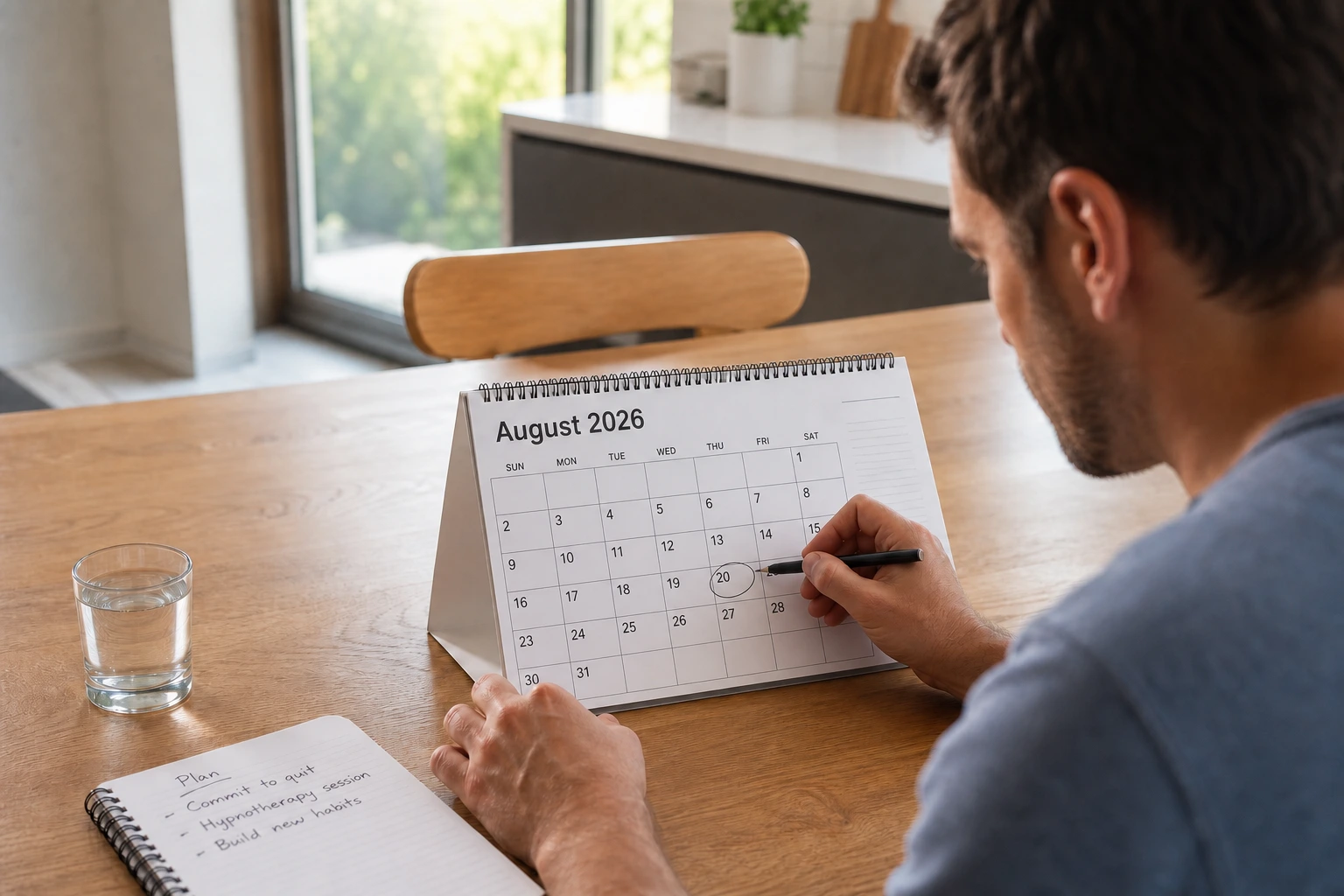 A man is organizing or planning by marking a date on a physical calendar and has a notebook with notes about quitting and hypnotherapy, suggesting he is planning a hypnotherapy session related to smoking cessation.