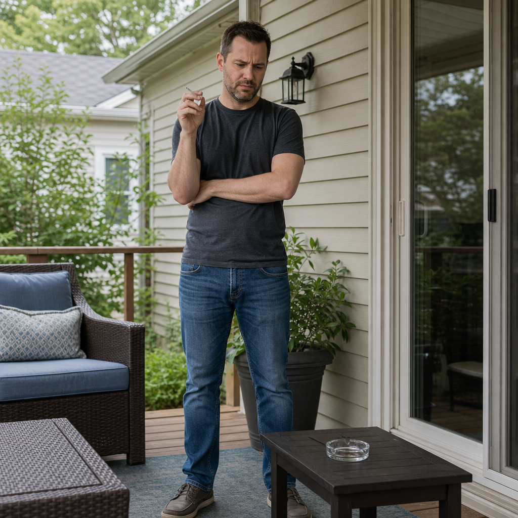 An adult man appears to hesitate or contemplate before lighting a cigarette on a home patio, suggesting a moment of resistance or decision related to smoking.