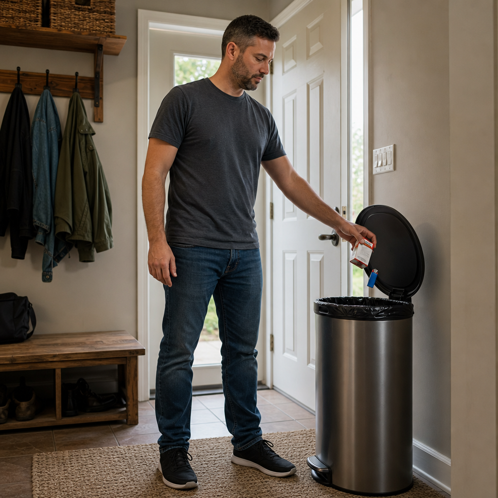 An adult man deliberately discarding a cigarette pack and lighter into a trash bin, representing a concrete step away from smoking.