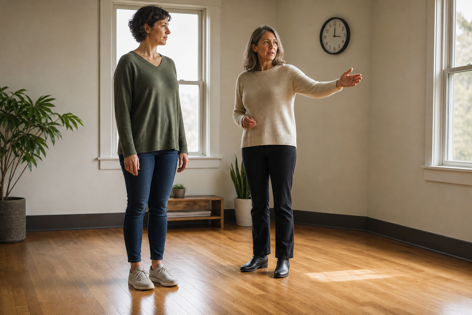 A calm, grounding or orienting exercise in a non-clinical environment possibly related to Trauma-Informed Hypnotherapy preparation.