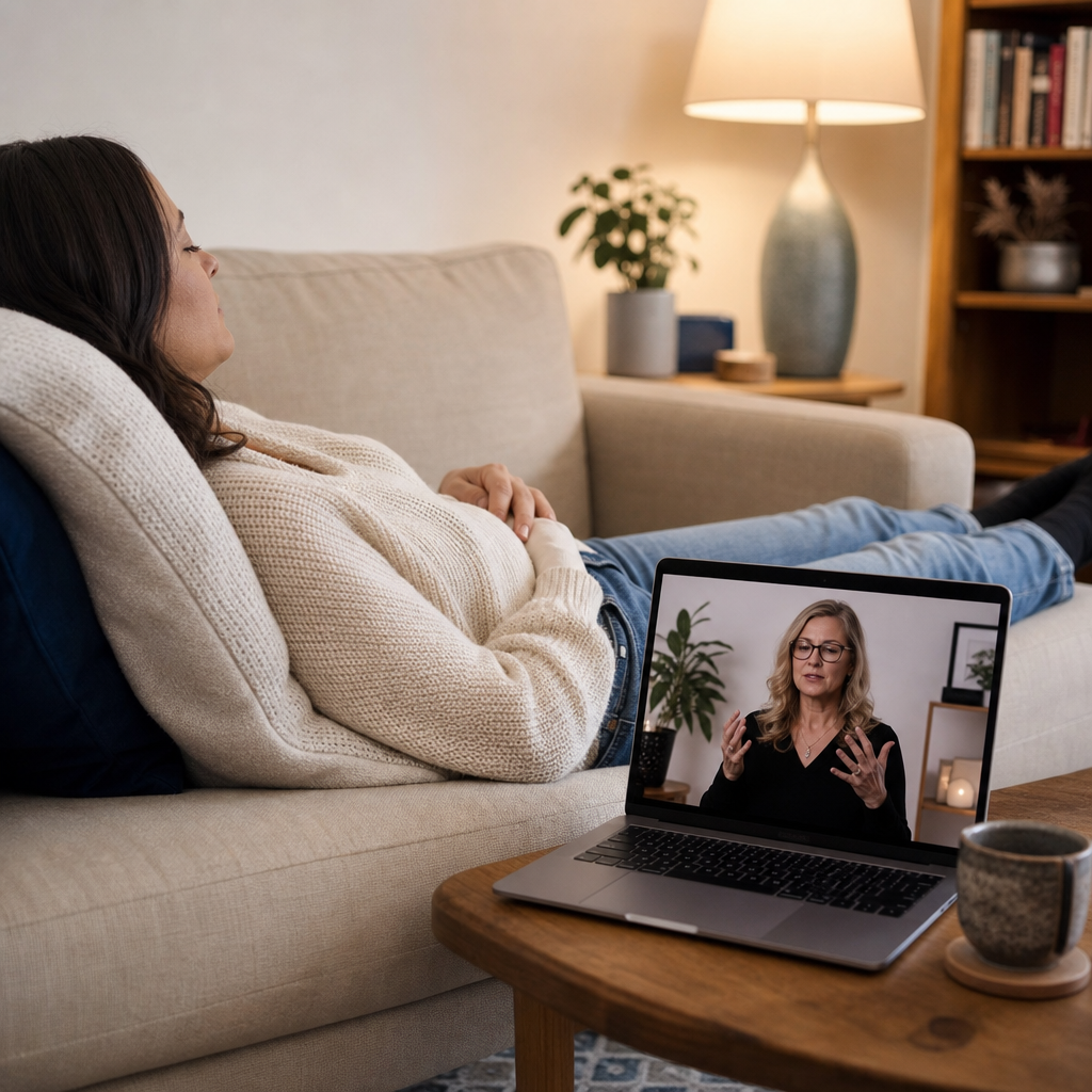 A literal scene of a remote therapy or hypnotherapy session happening via a laptop in a home setting, matching the section topic of a live remote session.