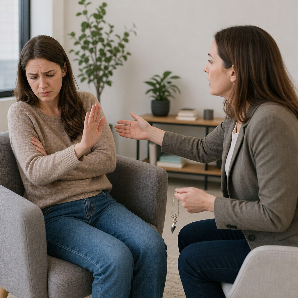 A literal and direct depiction of what hypnosis should not do with CPTSD, showing the patient rejecting hypnosis.
