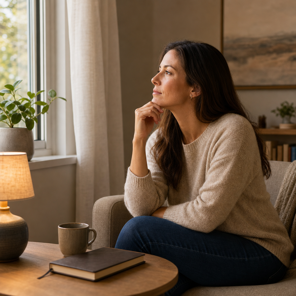 A woman considering or reflecting on something serious or meaningful in a calm interior environment.