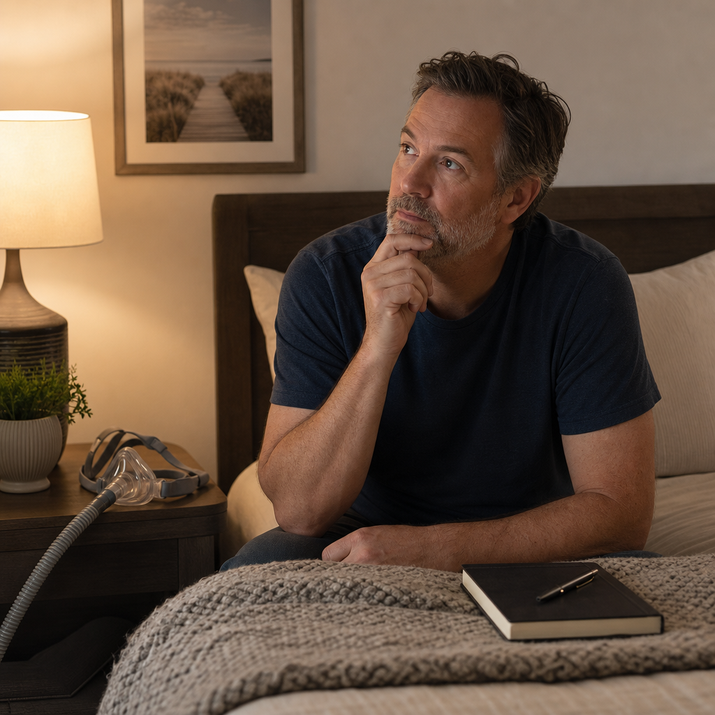 A man sitting on a bed, thoughtfully looking away, with a CPAP mask on the bedside table and a notebook with pen on the bed, suggesting reflection or consideration related to sleep issues or treatment.