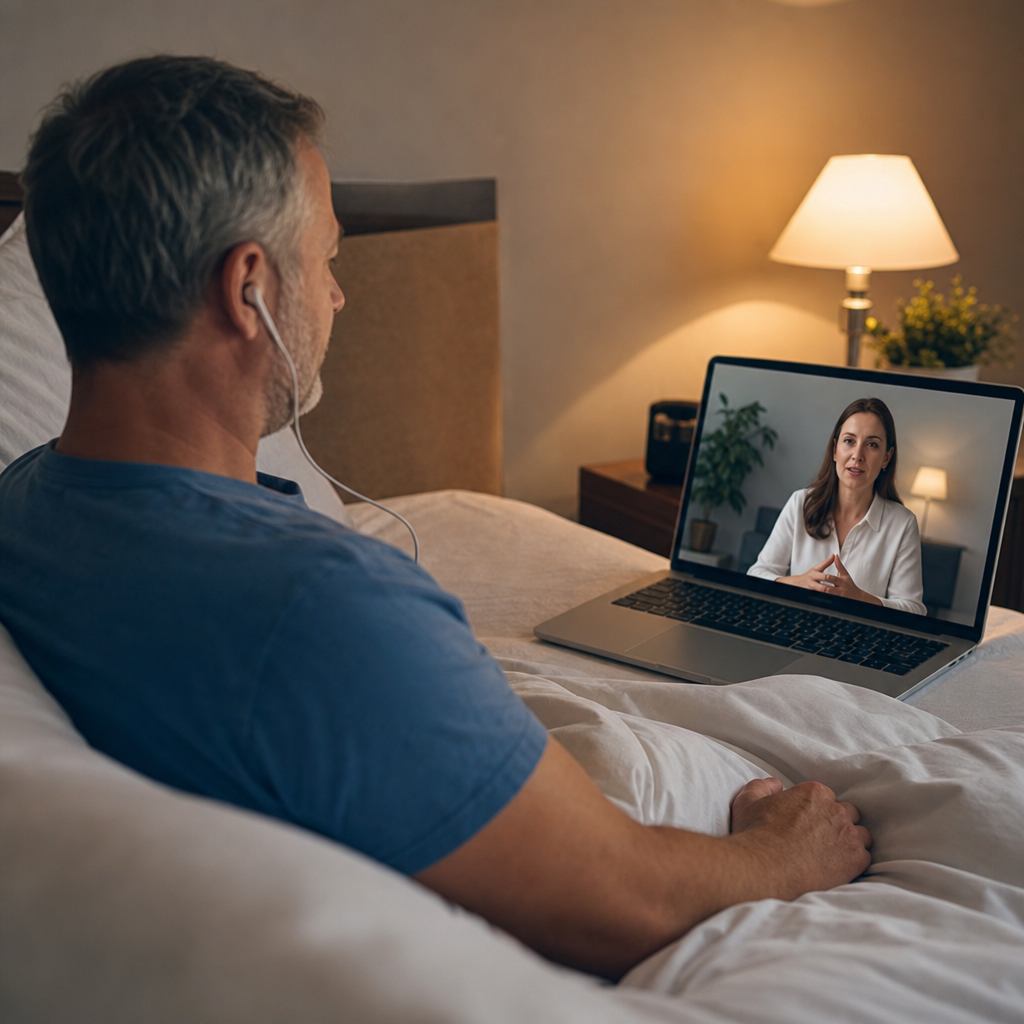 Man participating in a remote hypnotherapy or consultation session from bed.