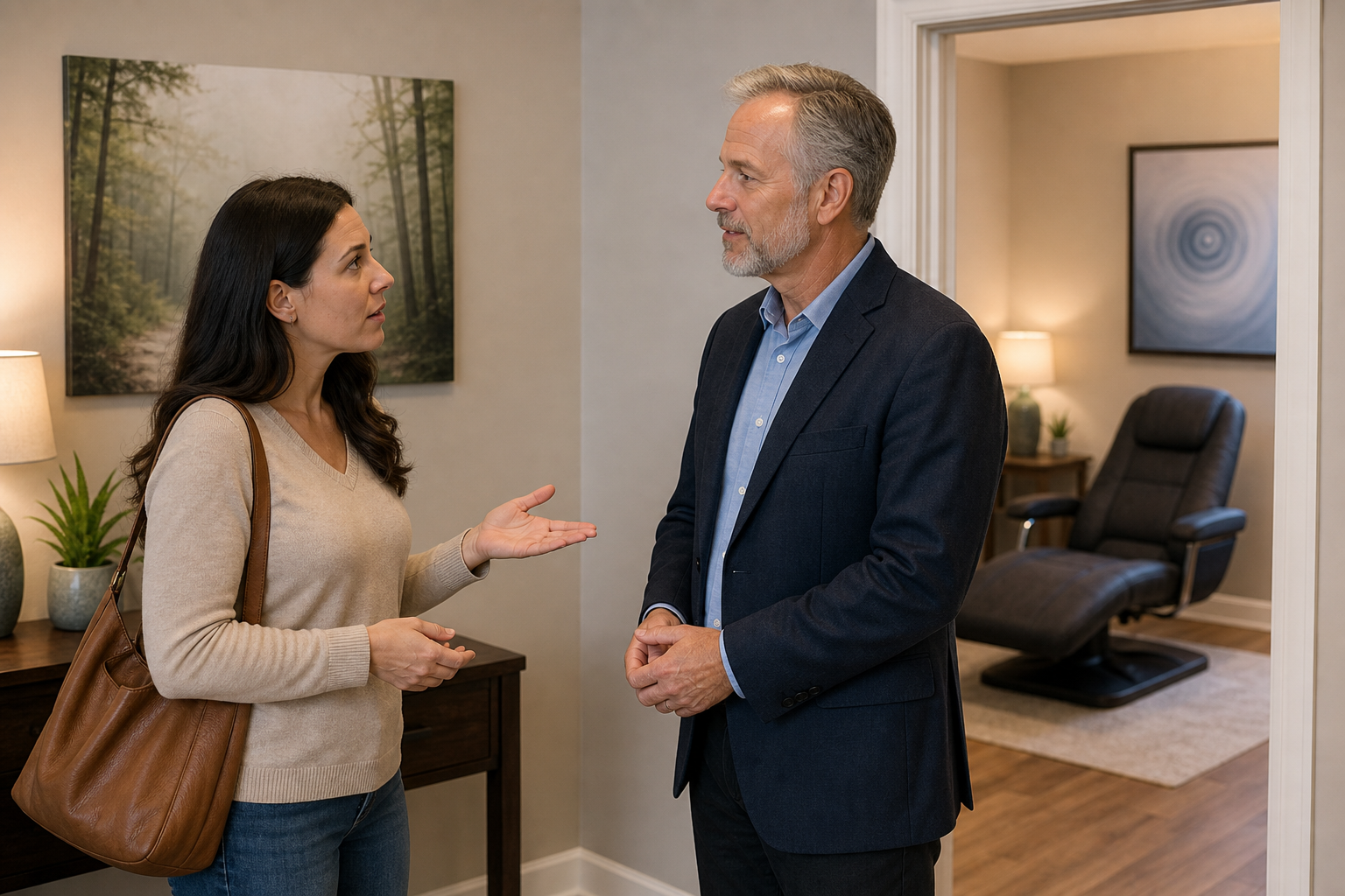 A client in a casual outfit with a bag is actively engaging and asking questions to a mature professionally dressed practitioner at what appears to be a hypnotherapy or counseling practice office reception or waiting...