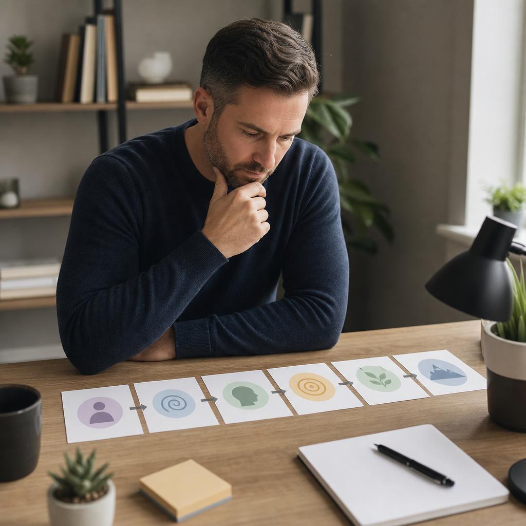 Man appears to be considering or planning a process by studying a set of illustrated cards, suggesting understanding or decision-making.
