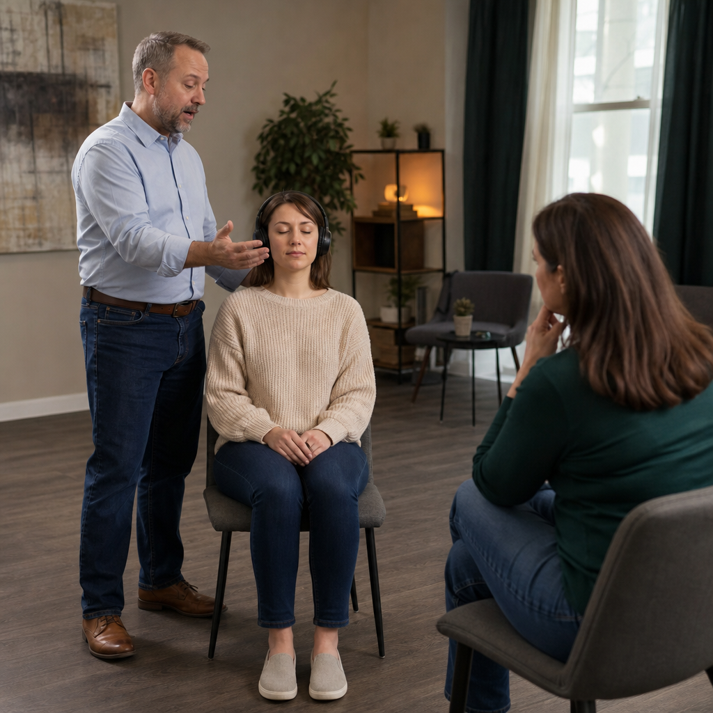 A hypnotherapist is demonstrating a hypnosis technique on a seated woman wearing headphones while another woman attentively observes, indicating a value and fit evaluation prior to committing to therapy.