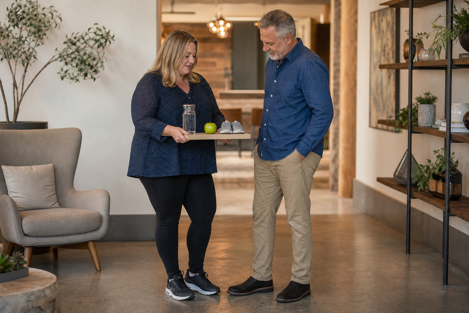 A client and practitioner examining visible, concrete progress-related indicators possibly tied to weight loss habits.