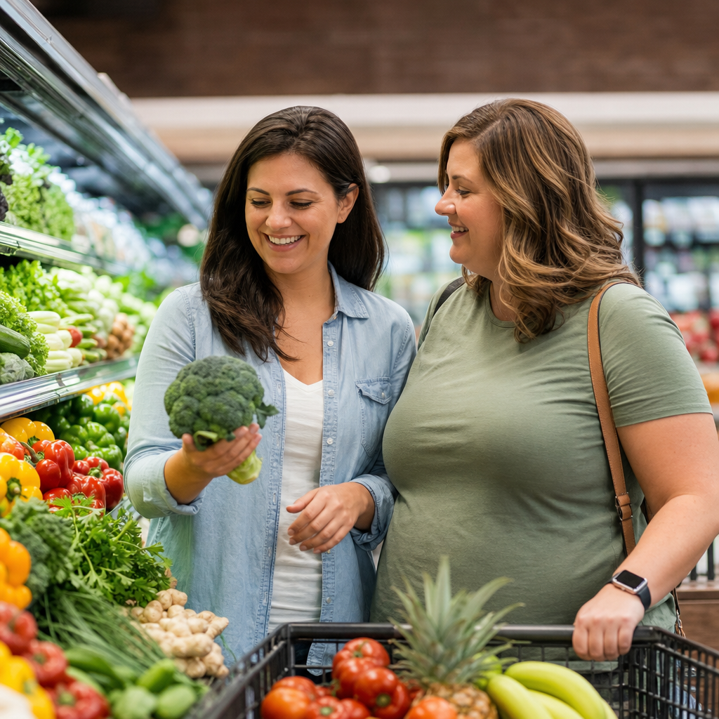 The scene shows two women actively selecting fresh vegetables, illustrating a healthy food choice habit.