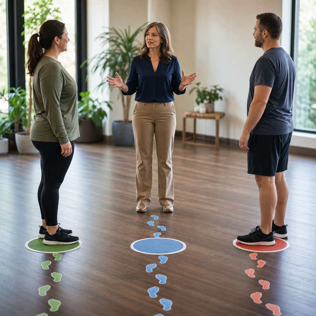 A practitioner visually explaining why different people have different outcomes, shown through colored floor markers and footprints indicating varied progress paths.