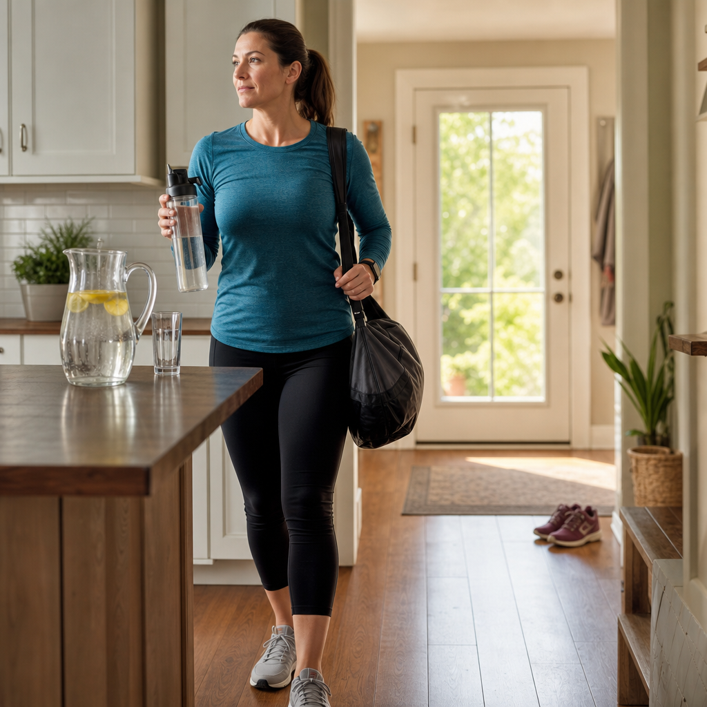 An adult woman pauses in a kitchen near a water pitcher and glass, holding a water bottle and carrying a gym bag, walking toward the door where walking shoes are visible, suggesting choosing hydration and a walk as...