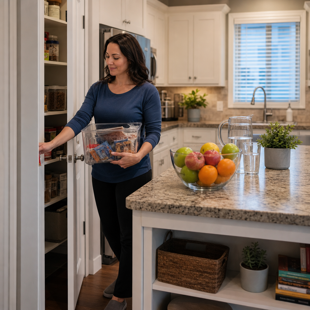 An adult woman is shown in the process of organizing or resetting pantry snacks, a behavior change to support intentional healthy choices, illustrated by the clear bin containing portion-controlled snack items and a...