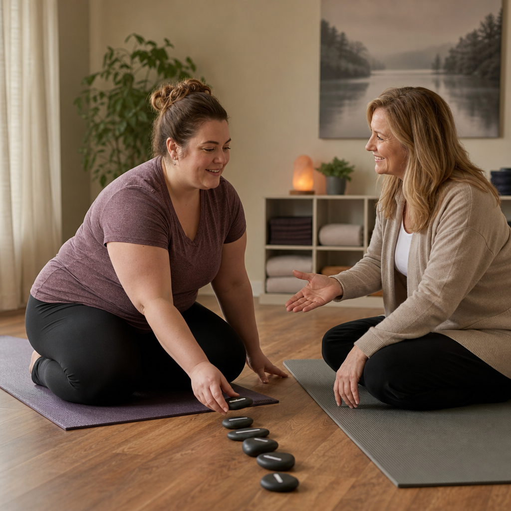 A scenario of guided interaction suggesting a calming or therapeutic activity, possibly a demonstration of consistency with the action of lining stones.
