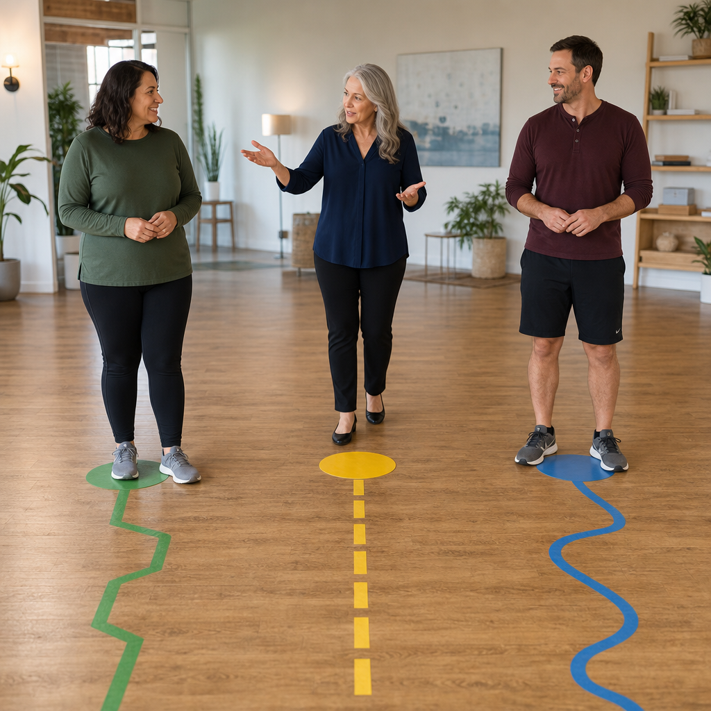 Practitioner showing that different people have different progress paths via colored floor paths.