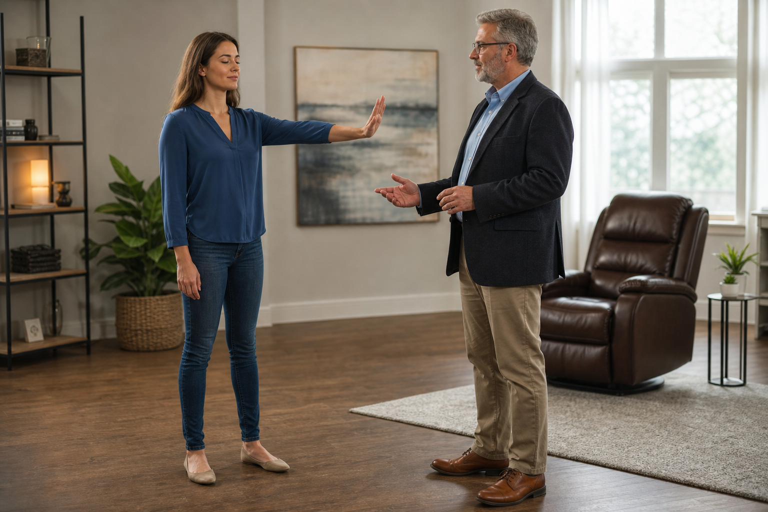A prospective client visibly tests a common hypnosis question about control by holding a pause gesture; the practitioner responds acknowledging this control demonstration in a hypnosis setting.