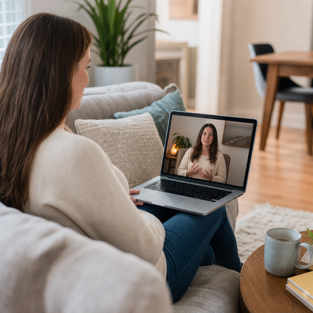 A woman sitting comfortably on a couch is participating in a live remote session with another woman visible on the laptop screen. The setup clearly illustrates a home environment and the use of technology for remote...