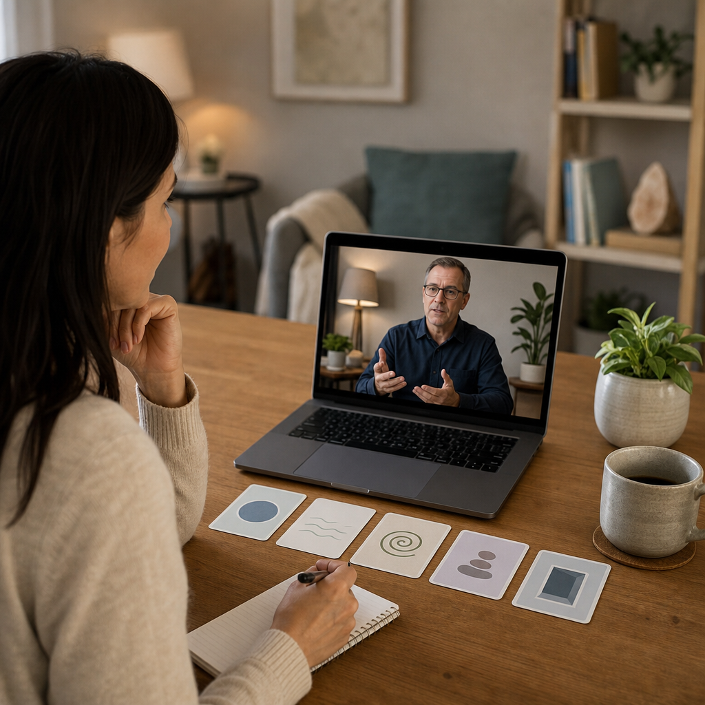 A woman participates in a remote hypnotherapy session or consultation over video call while taking notes, using abstract cards to understand the session process.