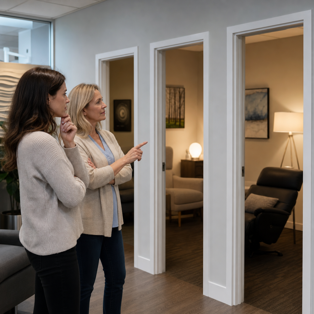 Two women visibly comparing or choosing between two therapy rooms, suggesting a decision about hypnotherapy options.