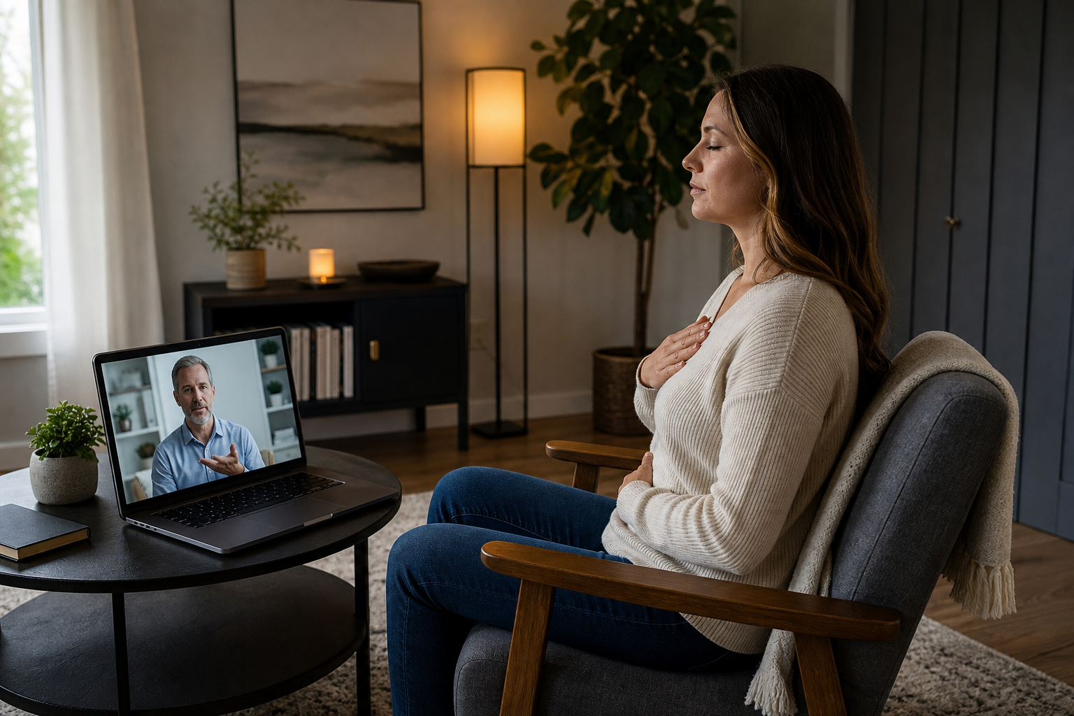 A woman is shown actively participating in a private guided video session, with a mature professionally dressed male therapist visible on the laptop screen, implying virtual hypnotherapy or counseling from home.