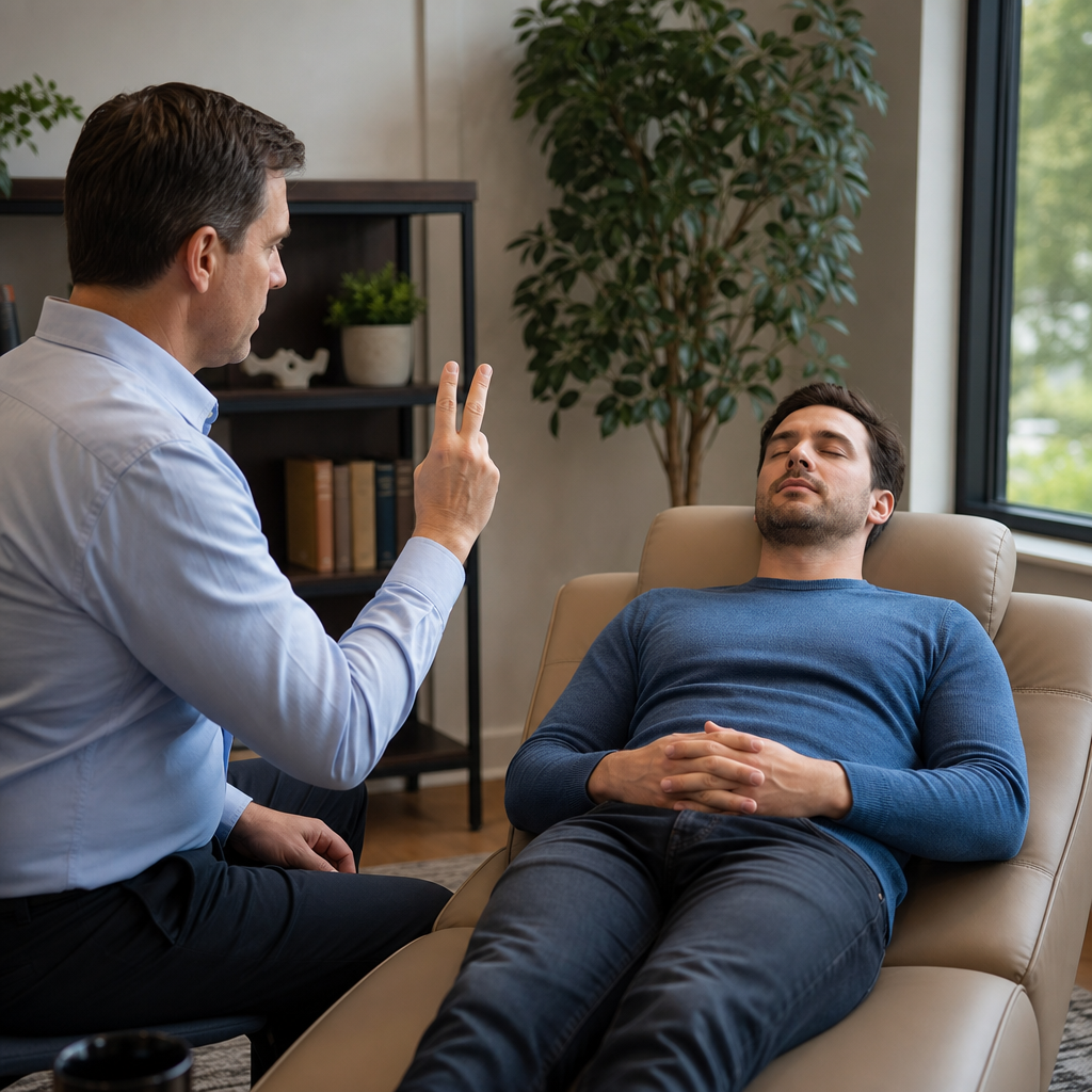 A hypnotherapist conducting a hypnosis session on a patient who appears relaxed and potentially hypnotized.