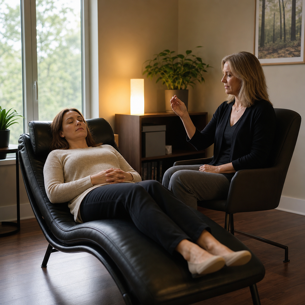 A hypnotherapy session is visibly in progress, illustrating what happens during a typical session.