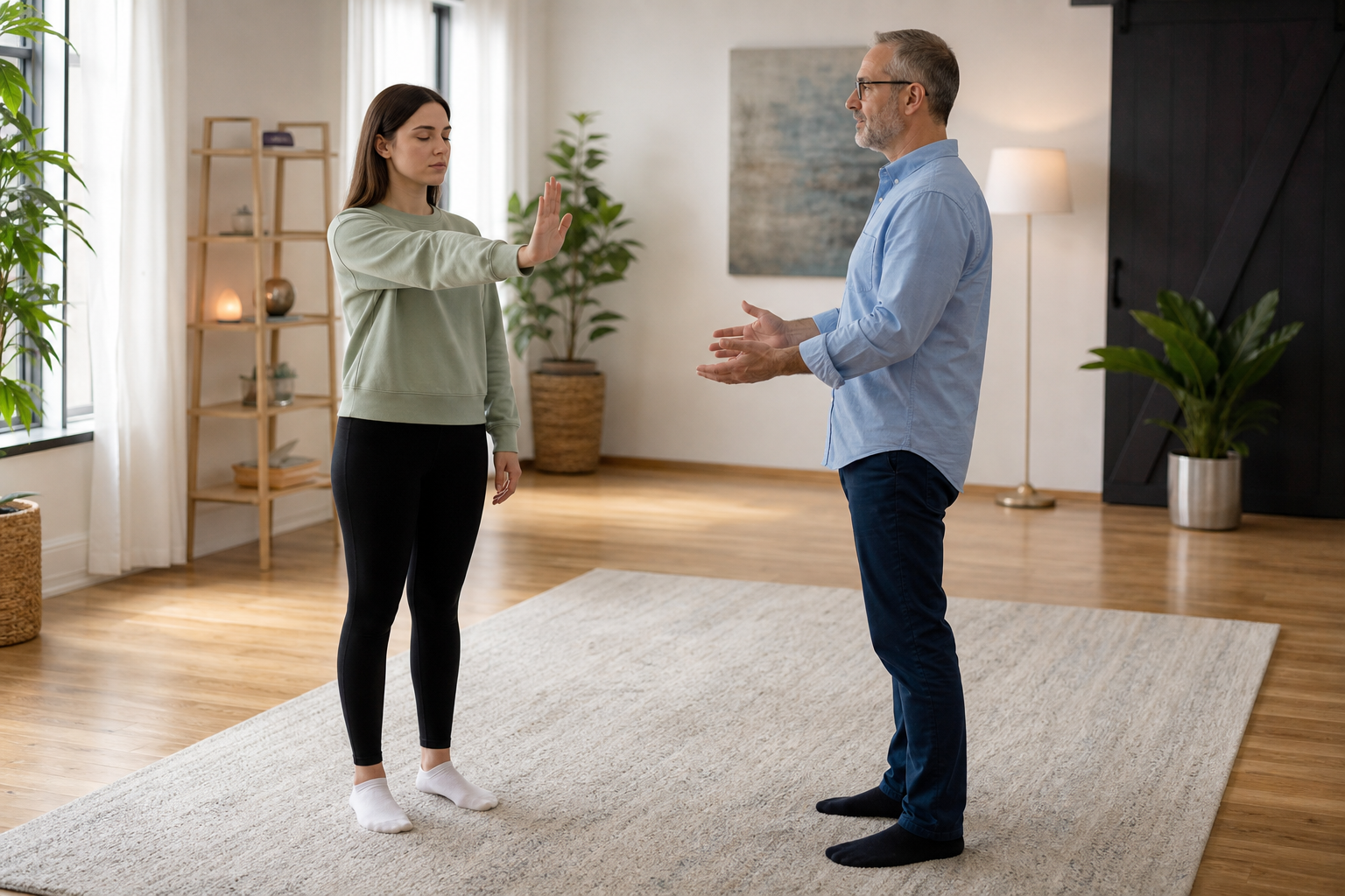 A client visibly makes a pause stop gesture in a standing hypnosis demonstration while the practitioner respects it.