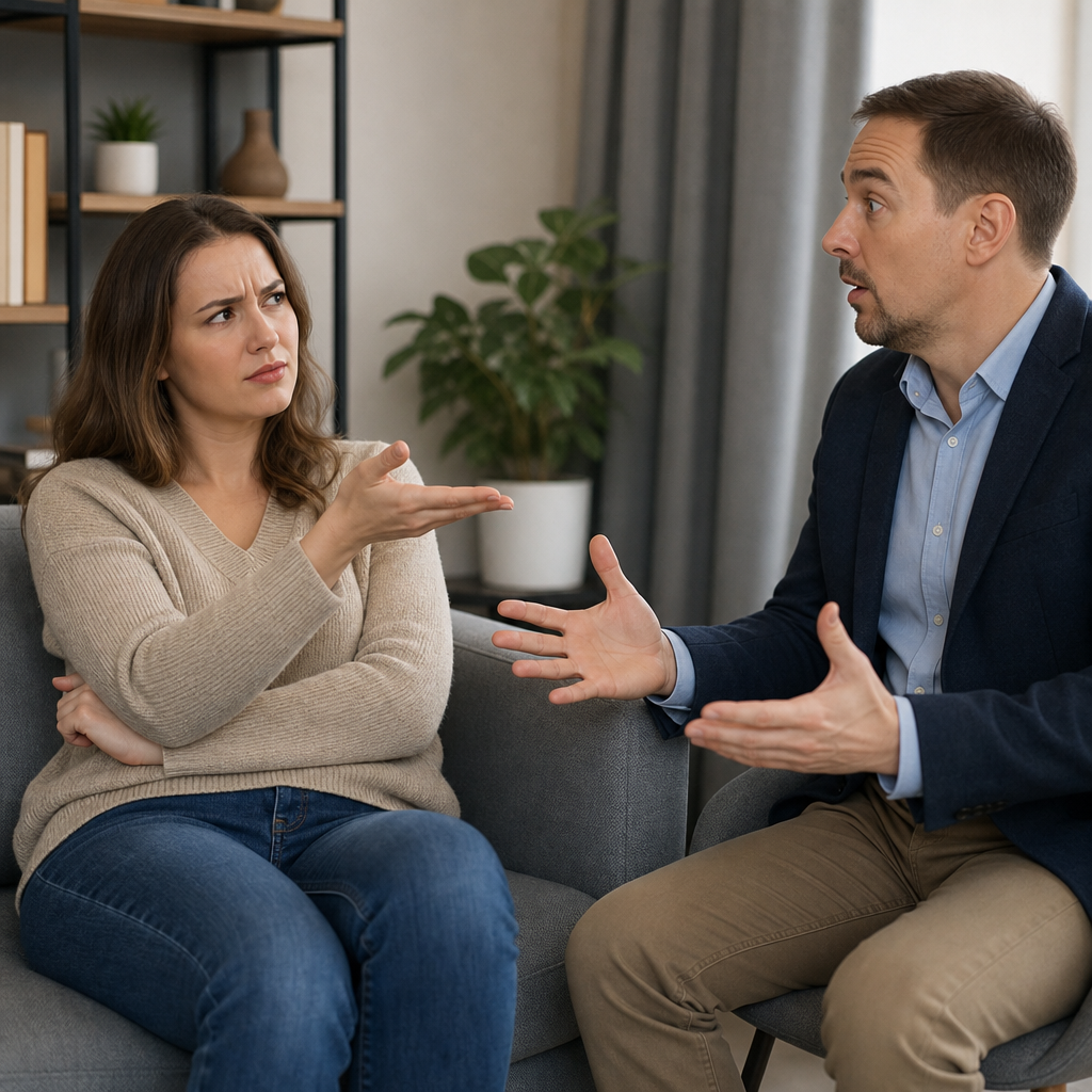 A man and woman deeply engaged in a conversation where the man gestures expressively while the woman looks puzzled or doubtful, suggesting a misunderstanding or communication issue.
