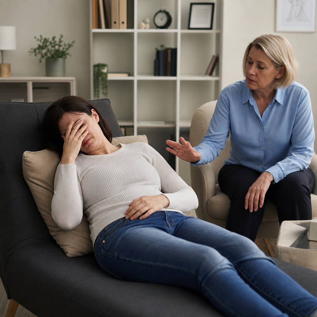 The scene shows a therapy session with one woman apparently distressed, holding her face, and the other woman appearing to talk to her seriously, possibly illustrating memory work risk.
