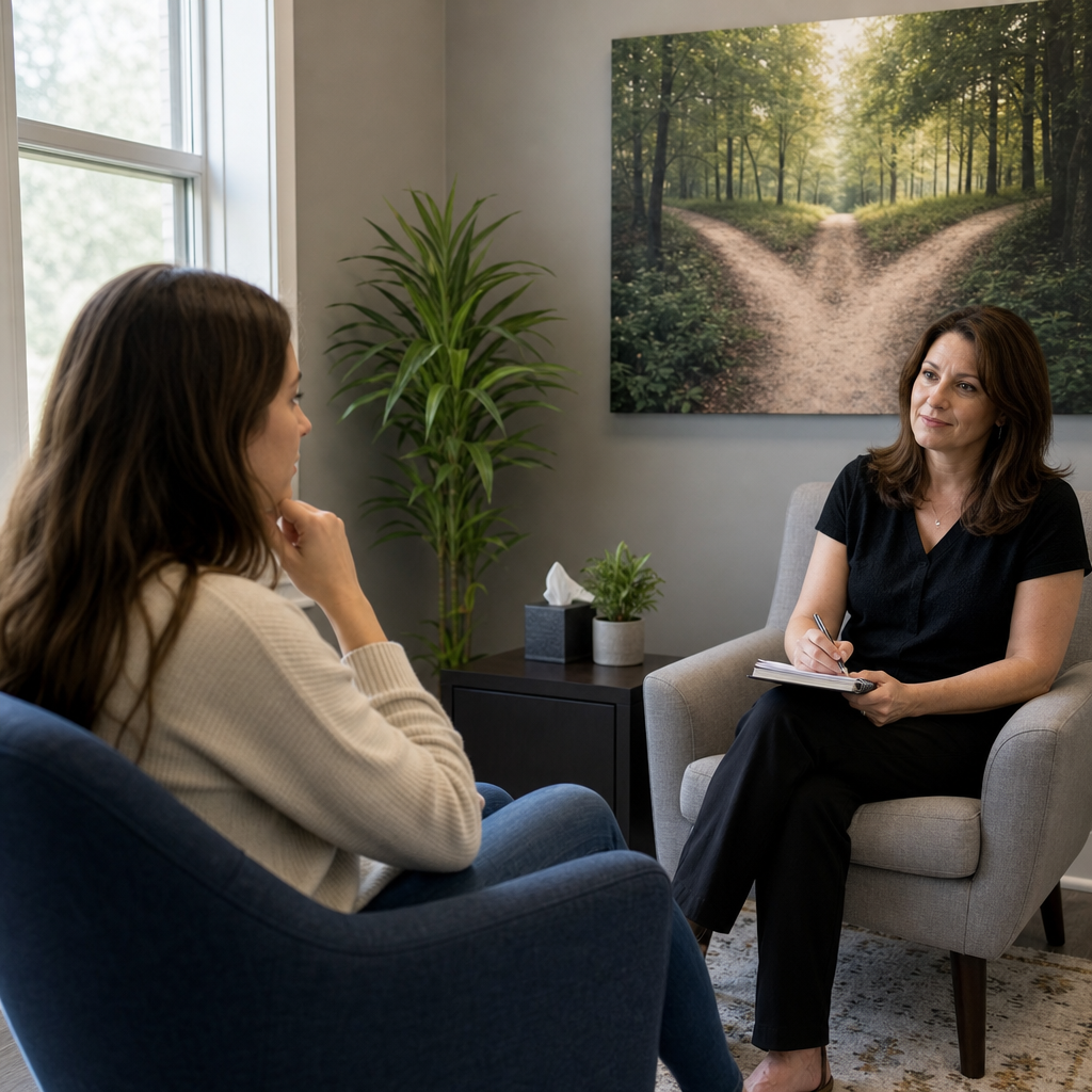 A therapy session in progress with a visible metaphorical artwork showing a forked path, symbolizing choices and the theme of giving oneself permission to choose another path.