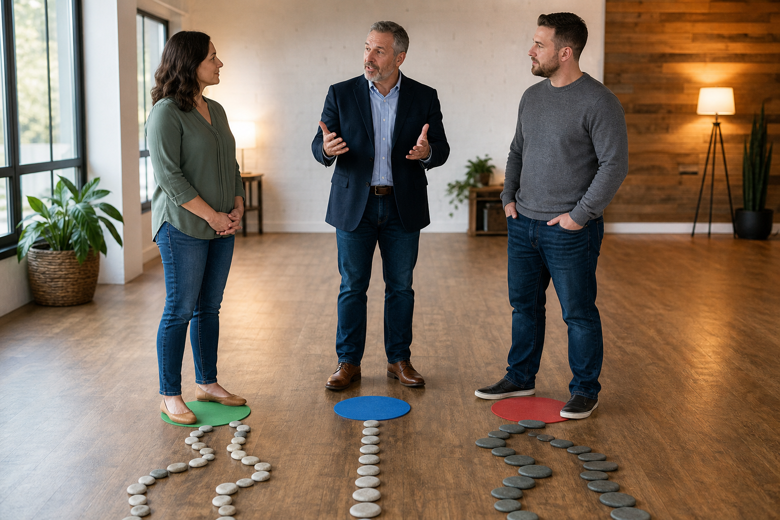 A practitioner visibly explains to two adults how different clients can have different progress paths, demonstrated by the distinct floor markers and stone paths.