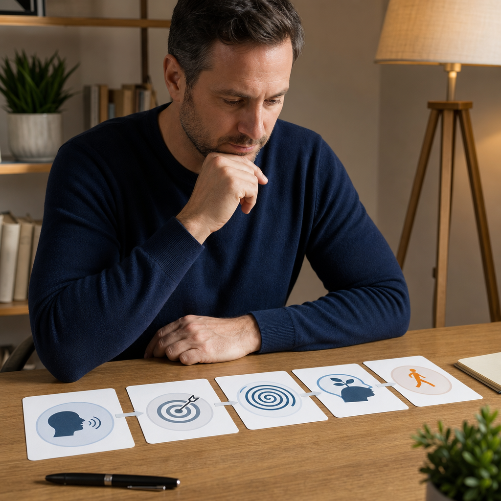 Man understanding a process or session sequence using abstract cards.