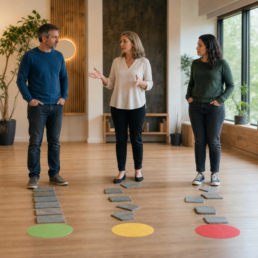 A visible demonstration of different progress paths represented by stone tile lines starting from colored floor markers, with a person explaining to two others.