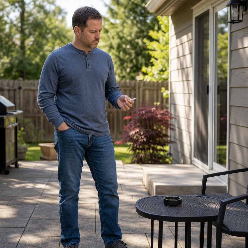 An adult man stands on a home patio holding an unlit cigarette in a moment of pause, suggesting recognition and possible interruption of a smoking habit.