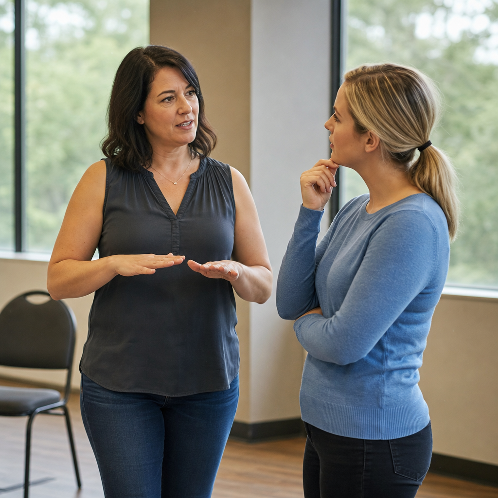 A practitioner explains or demonstrates something to a prospective client who listens thoughtfully, possibly about hypnosis or behavior change.