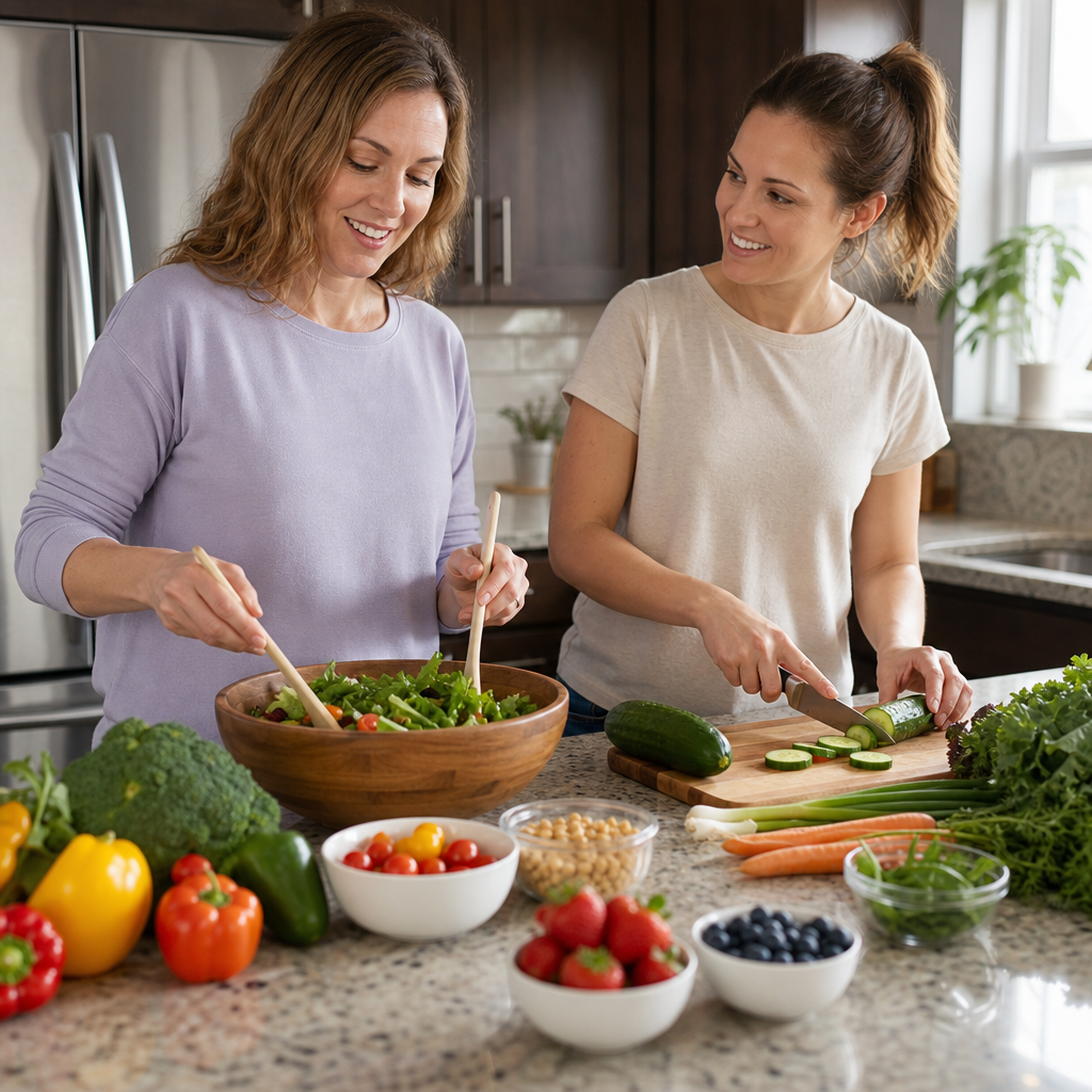 Two women visibly engaged in preparing a healthy meal with fresh vegetables and fruits, illustrating intentional healthy food choices.