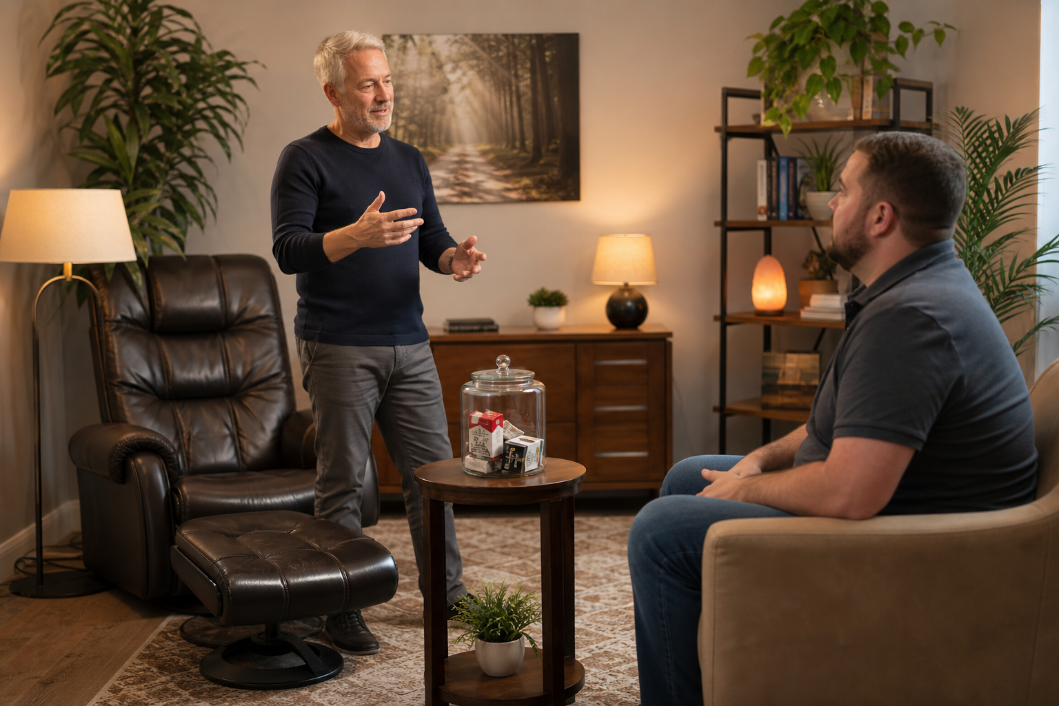 A practitioner discusses or orients a prospective client about a process related to stopping cigarette smoking, with prominent visual evidence of cigarette packs in a sealed jar symbolizing cigarette cessation.