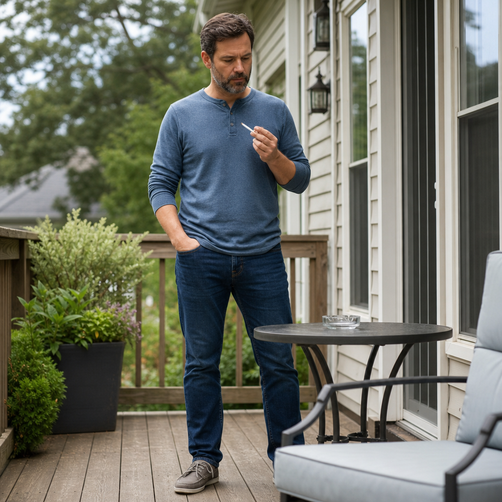 An adult man is standing on a home patio, contemplatively holding an unlit cigarette, apparently pausing before lighting it during a familiar smoking routine.