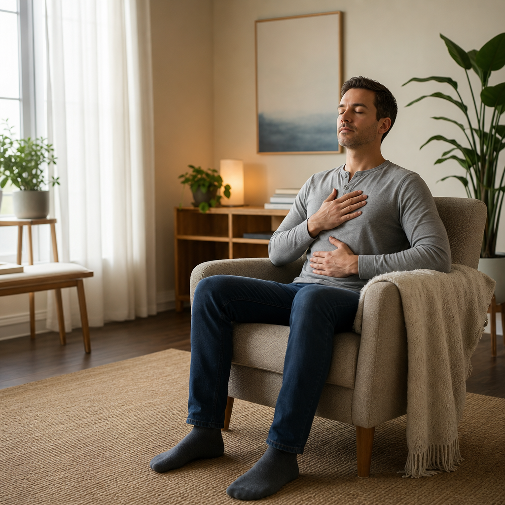 A man is sitting calmly in a comfortable chair with closed eyes and hands on chest and stomach, clearly engaged in a breathing or mindfulness practice in a relaxed home setting.