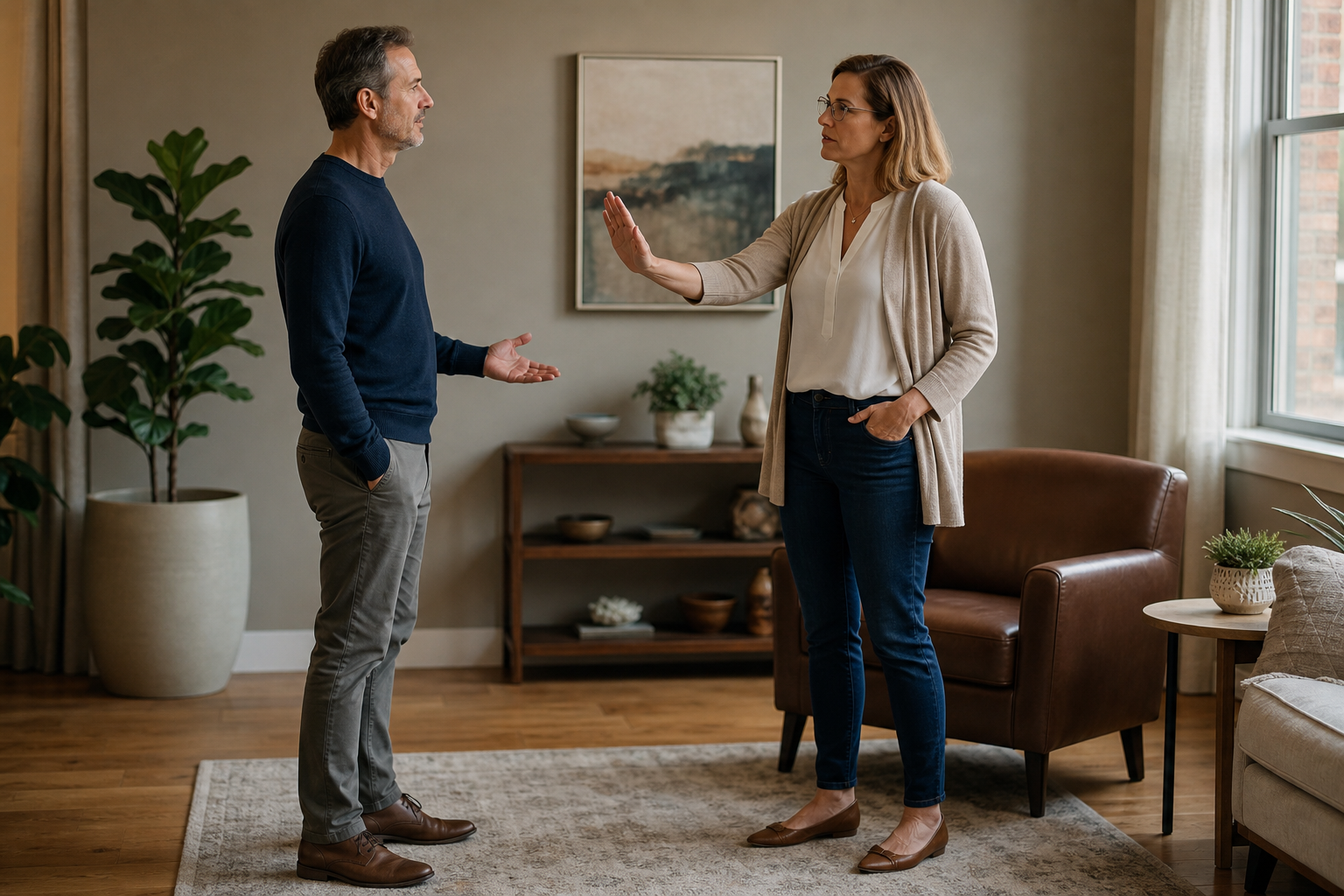 An adult woman calmly asserting a boundary with her hand raised, showing confidence, while the man listens attentively in a neutral, everyday setting.