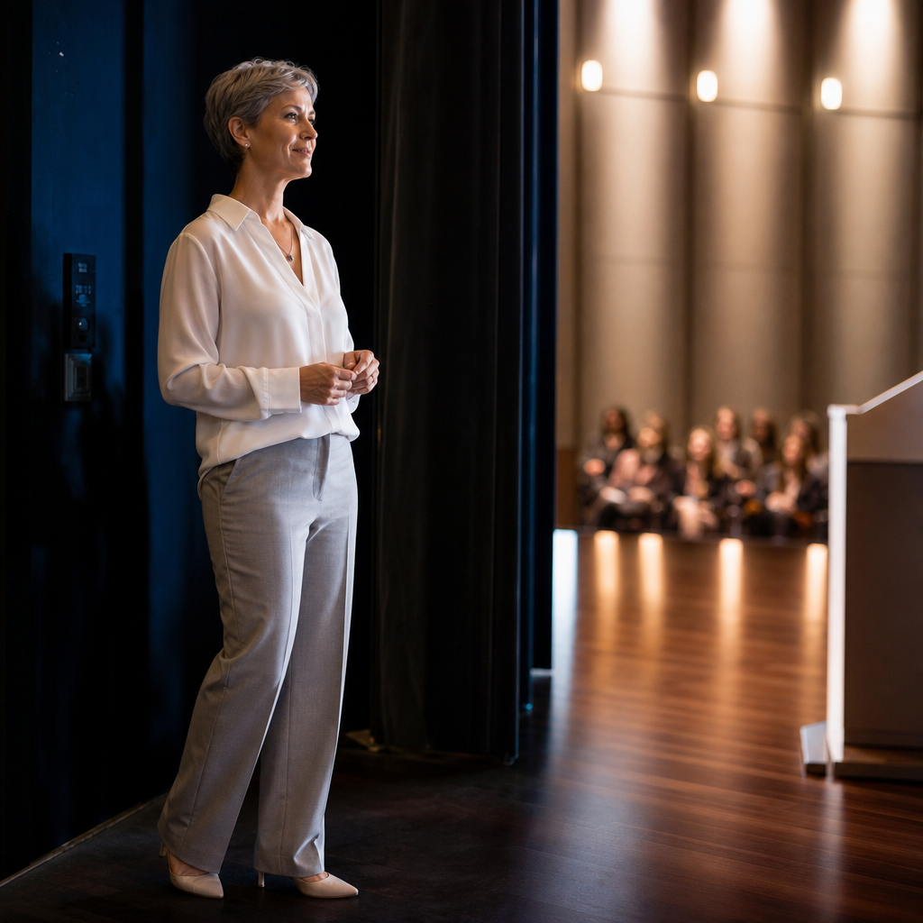 An adult woman standing on a stage, appearing composed and ready, facing an audience, in a presentation or speech setting.