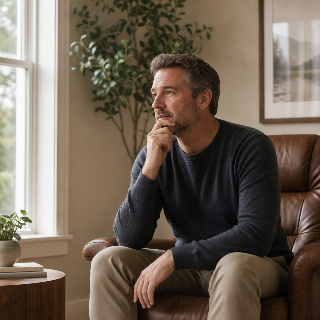 A man pausing thoughtfully, appearing to consider something important in a calm indoor setting.