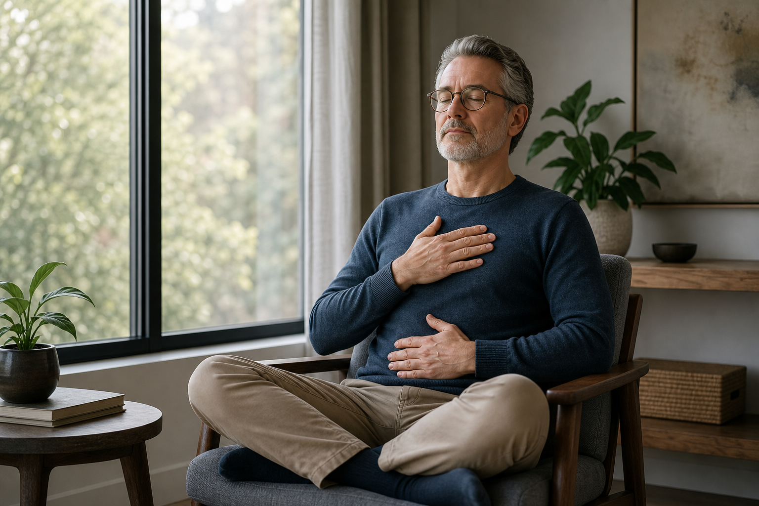 A man engaged in a calm mindfulness or breathing exercise in a serene, comfortable home-like interior, suggesting hypnosis or meditation practice.