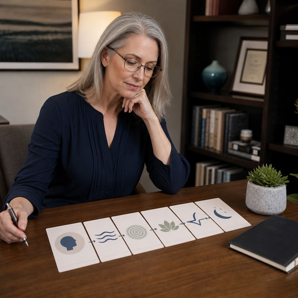 Woman is engaged in understanding a session process illustrated by abstract cards, presumably hypnosis or relaxation related.