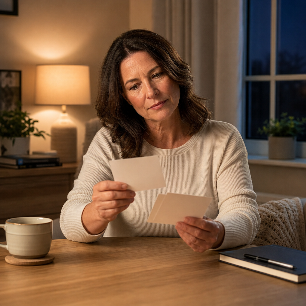 A woman is thoughtfully comparing or reviewing two blank cards at a wooden table, suggesting she is making a decision or organizing thoughts in a calm home environment.