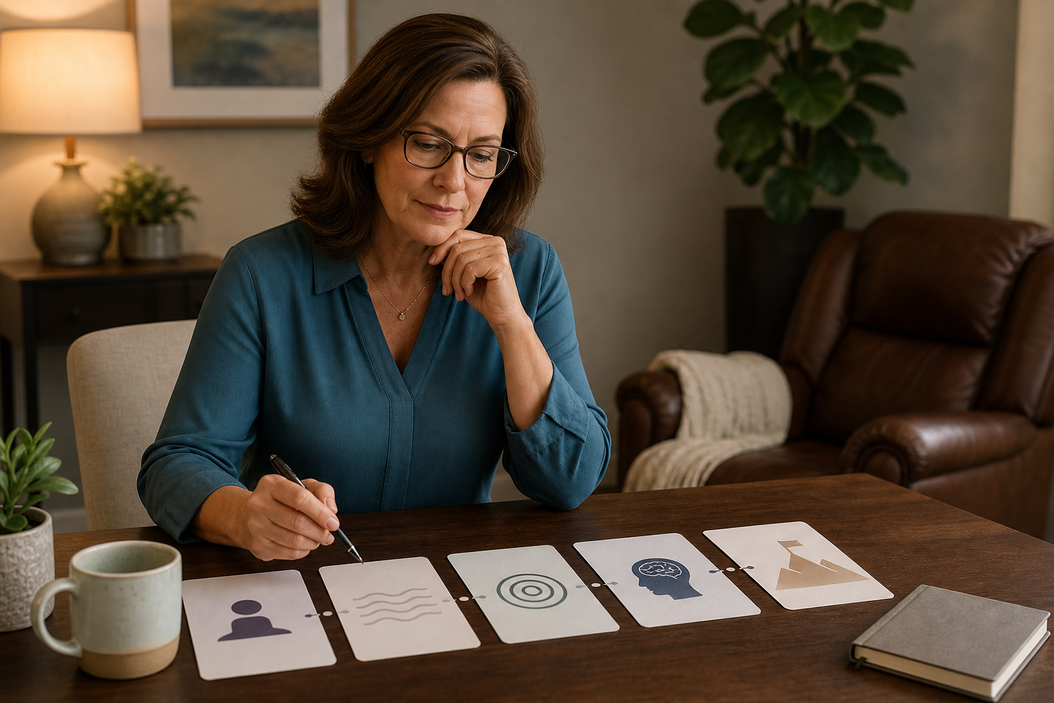 A woman is thoughtfully looking over a series of abstract process cards that suggest steps or phases, appearing to understand or contemplate what may happen in a hypnosis session before deciding.