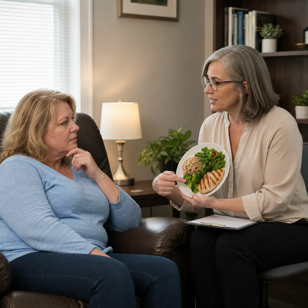 The woman on the right appears to be advising or counseling the woman on the left about healthy eating choices illustrated by the plate of food, consistent with demonstrating a question about eating patterns.