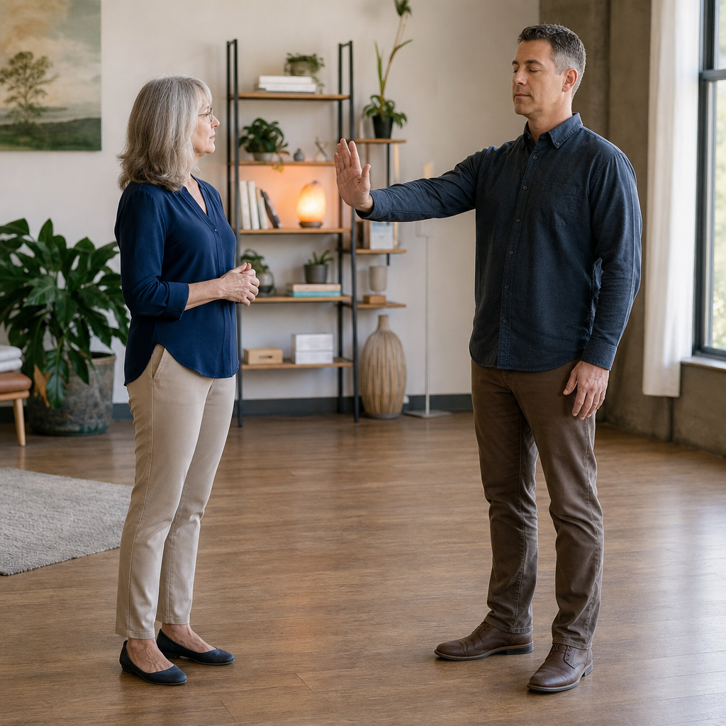 The man practices a clear pause gesture during a standing demonstration, the woman appears to be the practitioner observing or responding.
