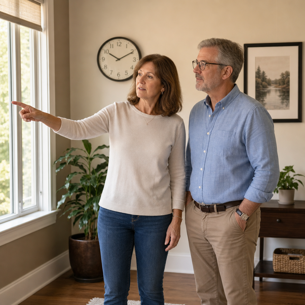 A person demonstrates or points out ordinary room details to another, possibly a grounding or orientation check.