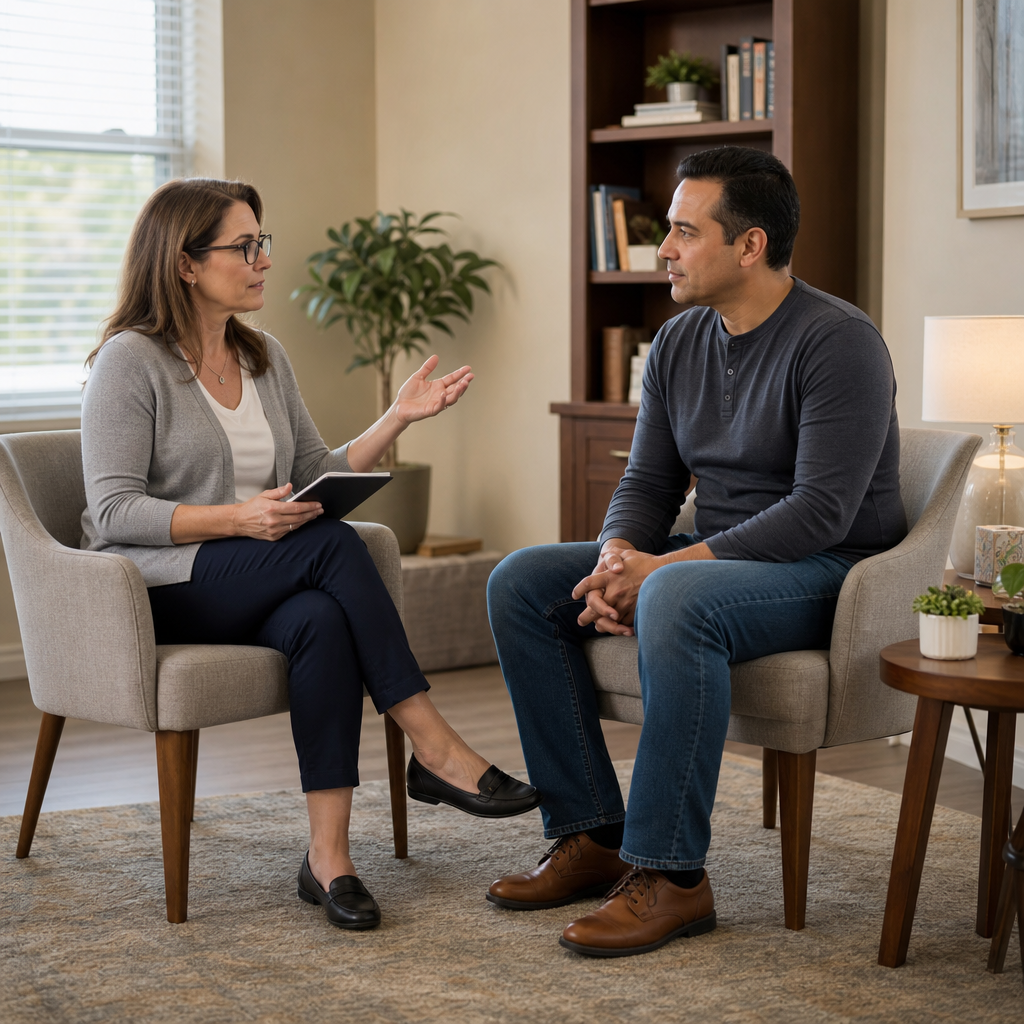 An adult consulting a professional or counselor, visually representing a calm, respectful conversation potentially involving pre-session consultation or explanation.